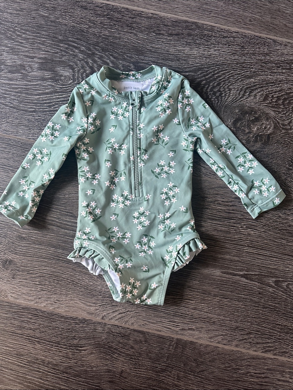 Petit Lem Sage Green Floral Long-Sleeve One-Piece Swimsuit